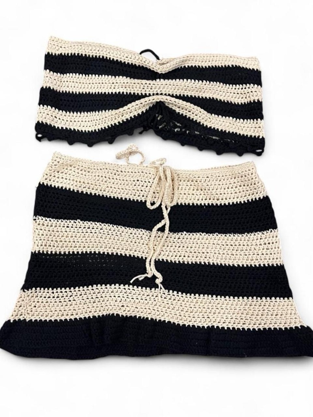 Fashion Nova Black & Cream Crochet Striped Mini Skirt Set